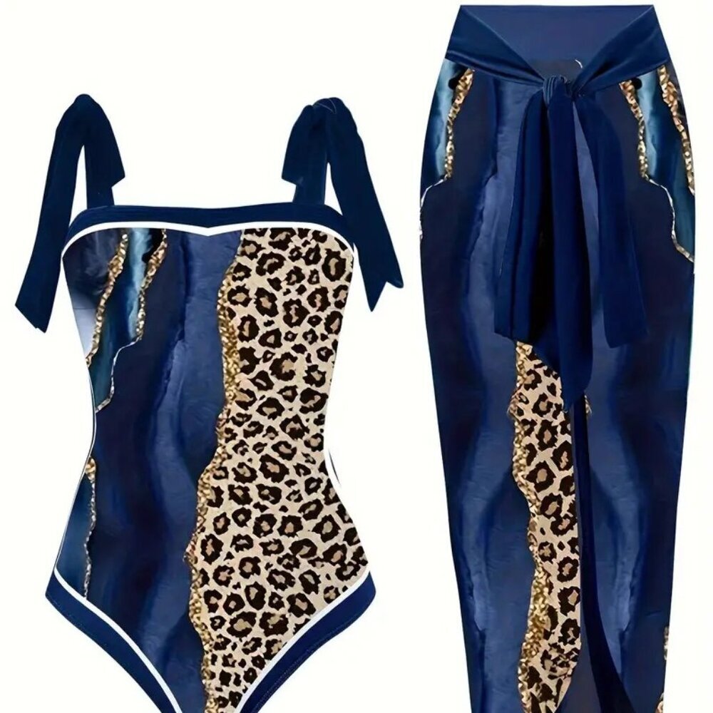 2-Piece Plus Size Elegant Tankini Set - Glitter Marble & Leopard Print